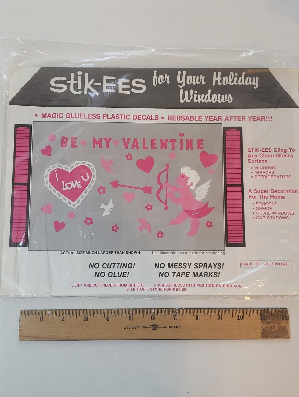 Vintage Stik-ees "Be My Valentine" Pink Window Decal Set Hearts Cupid